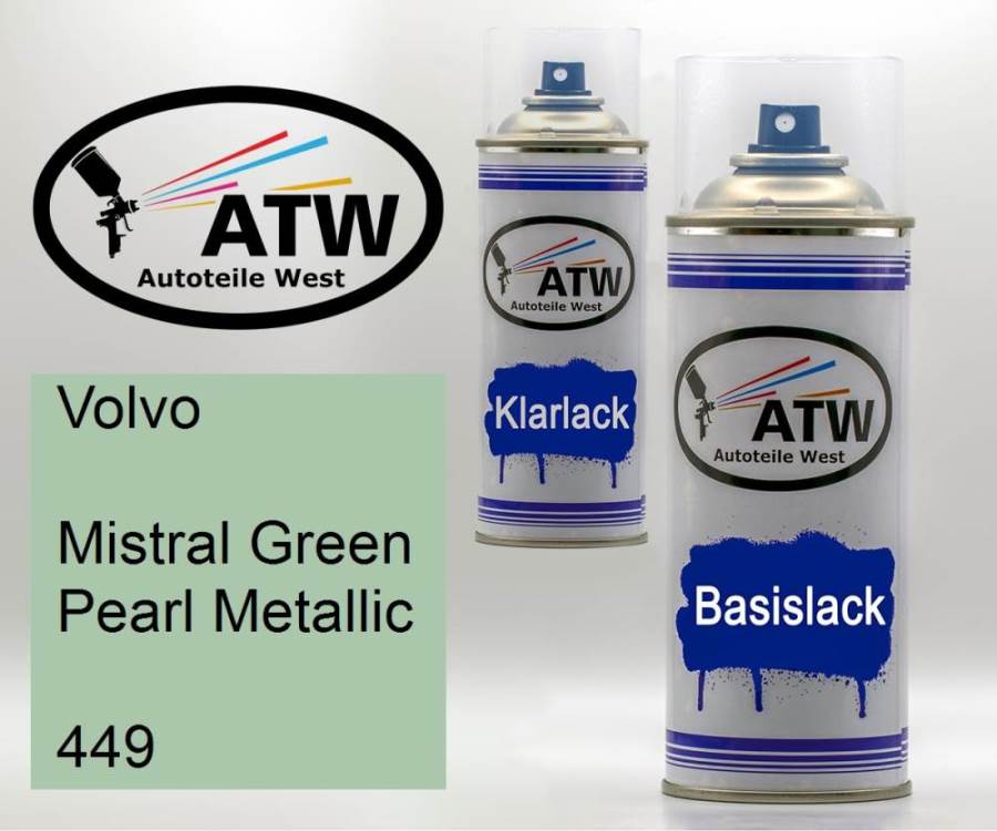Volvo, Mistral Green Pearl Metallic, 449: 400ml Sprühdose + 400ml Klarlack - Set, von ATW Autoteile West.